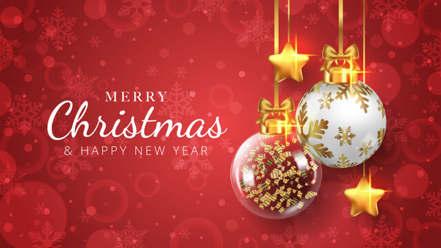 Merry Christmas background with hanging christmas balls and golden stars. Vector illustration