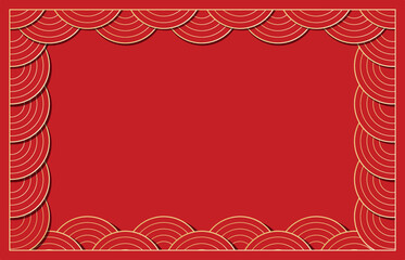 Vector flat festive illustration with copy space. Horizontal template for Chinese New Year banner in traditional red, gold colors. Frame is created from ornamental Asian abstract waves on background