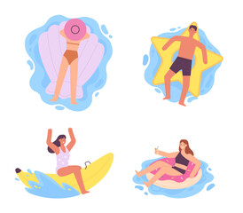 Flat people on inflatable air mattresses and swimming rings