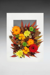 Autumn Harvest Festival and Thanksgiving background frame with leaves, nuts and flowers. Nature Fall composition with natural flora. White border on gradient grey. Flat lay.