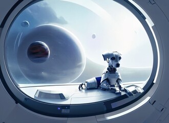 Cute mechanical cyborg dog sitting near a spaceship window with view of outer space. Futuristic 3D illustration. Future concept.
