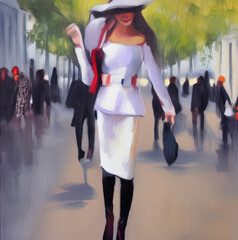 Fototapeta na wymiar Fashion model walking on megapolis street oil painting surreal fashion illustration art. Digital drawing wall art print. Elegant beautiful woman, stylish artwork