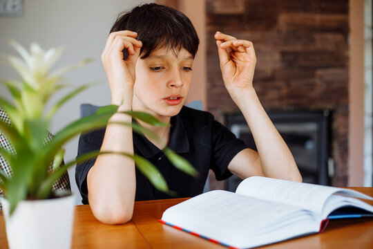 Dark haired teenager, student reading book at home. Education and study. Learning new information, get knowledge. Exams