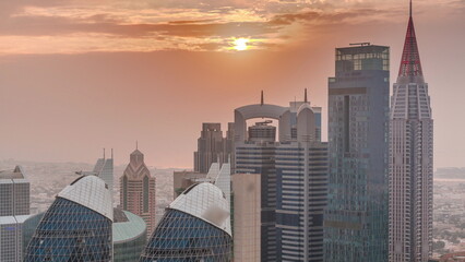 Sunset over financial center of Dubai city with luxury skyscrapers timelapse, Dubai, United Arab Emirates