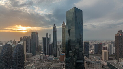 Sunset over financial center of Dubai city with luxury skyscrapers timelapse, Dubai, United Arab Emirates