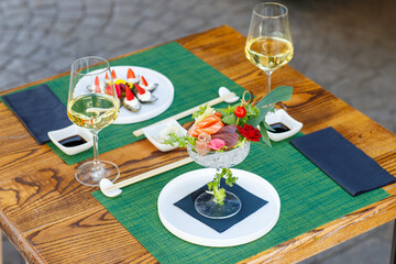 sushi, food, fish, seafood, meal, dinner, chopstick, horizontal, photography, salmon, japanese, color image, lunch, freshness, sashimi, rice, japanese food, fresh, japanese culture, japan, plate, shri