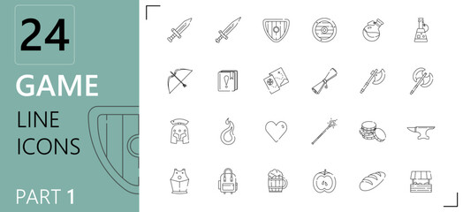 Game icons set ,1st part. Collections of in-game objects: weapon, magic, armor, maps, bottles and others. Trendy vector style. Aesthetic thin lines.