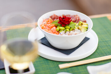 sushi, food, fish, seafood, meal, dinner, chopstick, horizontal, photography, salmon, japanese, color image, lunch, freshness, sashimi, rice, japanese food, fresh, japanese culture, japan, plate, shri