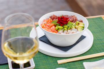 sushi, food, fish, seafood, meal, dinner, chopstick, horizontal, photography, salmon, japanese, color image, lunch, freshness, sashimi, rice, japanese food, fresh, japanese culture, japan, plate, shri