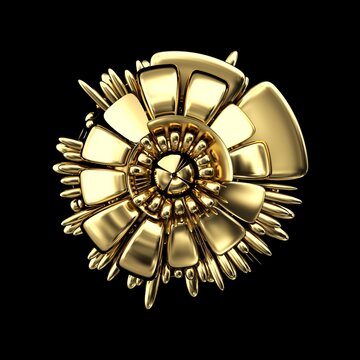 Abstract art with surreal alien flower in curve wavy elegance organic biological lines forms in gold material on black background. 3d rendering
