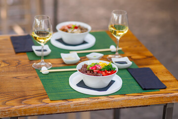 sushi, food, fish, seafood, meal, dinner, chopstick, horizontal, photography, salmon, japanese, color image, lunch, freshness, sashimi, rice, japanese food, fresh, japanese culture, japan, plate, shri