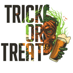 "Trick or Treat" - Halloween celebration banner design. Vector illustration  in engraving technique of pumpkin evil skull with hands holding beer. 