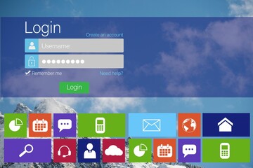Digitally generated image of login page with various icons