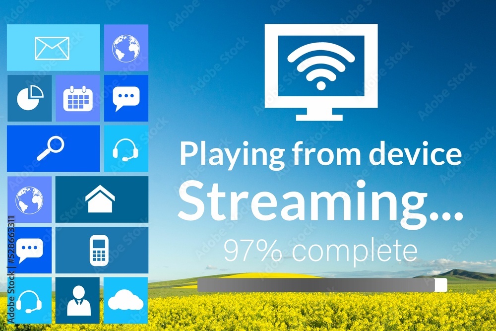 Poster various computer icons with progress bar on device screen
