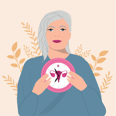 Old woman holding clocks. Menopause concept. Vector illustration