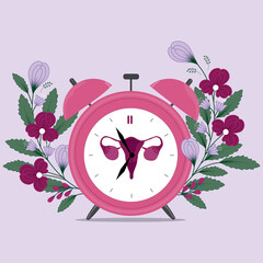 Menopause alarm with flowers. Hand drawn clock. Vector illustration