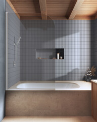 Wooden and marble japandi bathroom in gray and beige tones. Bathtub with tiles. Farmhouse minimalist interior design