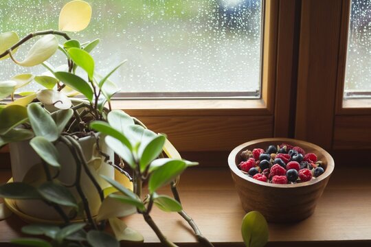 Berries in bowl by potted plant on window sill