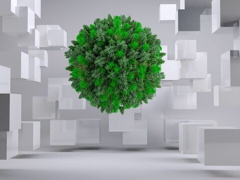 Green natural ball floating between cubes