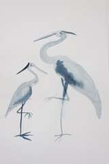 children's diy watercolor drawing on textured paper - two herons mother and baby standing next raised paw. wild animal bird. free chinese painting of the freehand style. kid's art handmade painting