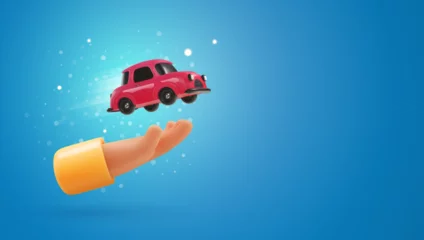 Zelfklevend Fotobehang 3d cartoon human hand holding a red car vector illustration. Rent, sell cars or carsharing web banner template blue background © Oleg