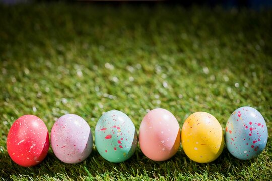 Easter eggs on grass in garden