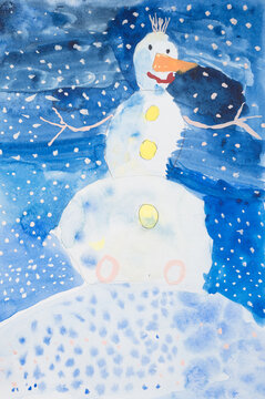 kid's diy watercolor drawing on textured paper - a snowman or a snow woman or a human man made of snow in a snowdrift in snowy winter. children's winter fun. child art handmade painting