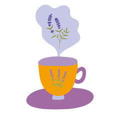 Tea cup with lavender tea in it. Lavender helps to reduce stress. Flat vector illustration.