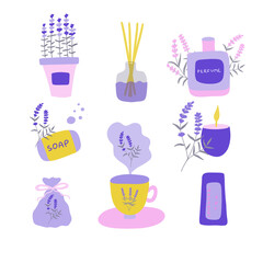 Big set of elements illustrating the use of lavender. Perfume bottle, flower pot with lavender, lavender soap, sachet, lavandula tea, candle, aroma diffuser. Flat vector illustration.