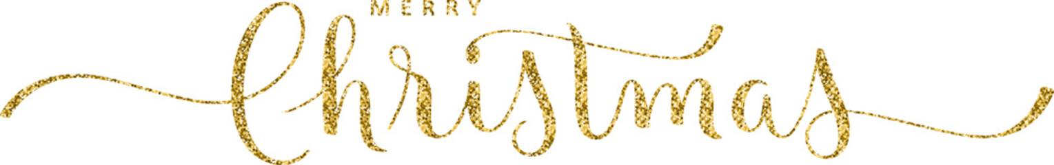 MERRY CHRISTMAS brush calligraphy banner in gold glitter on transparent background