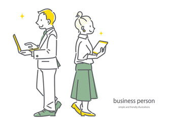 ビジネスパーソン　男女　全身　横顔　シンプルでお洒落な線画イラスト