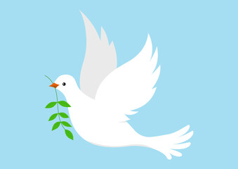 Dove with olive branch peace symbol isolated on white background. Pigeon flying joy bird with olive twig with leaves in the beak. Flat design cartoon style vector illustration.
