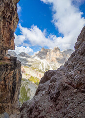 Dolomiti (Italy) - A view of Dolomites mountain range, UNESCO world heritage site protected by copyright, in Veneto and Trentino Alto Adige. Here Tofana di Rozes with Ferrata Lipella and Astaldi.