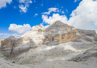 Dolomiti (Italy) - A view of Dolomites mountain range, UNESCO world heritage site protected by copyright, in Veneto and Trentino Alto Adige. Here Tofana di Rozes with Ferrata Lipella and Astaldi.