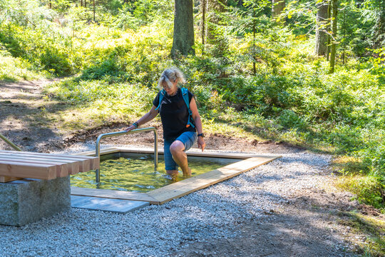 Kneipen Wassertreten Frau im Wald Gesundheit sportlich 