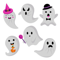 Set of cute Halloween ghosts. Vector flat set of elements for Halloween.