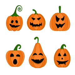 Set of scary pumpkins for Halloween. Flat style vector creepy with different faces