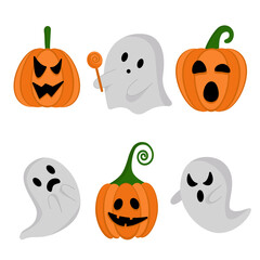 Set of cute ghosts and pumpkins for Halloween. Vector flat set of elements for Halloween.