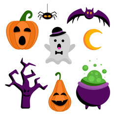 Happy Halloween. Large Vector flat set of elements for Halloween. A collection of pumpkin, ghost, potion, broom and grave.EPS