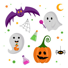 Cute Halloween icons. Vector flat set of elements for Halloween. Ghost, pumpkin, spider web, potion, bat. EPS
