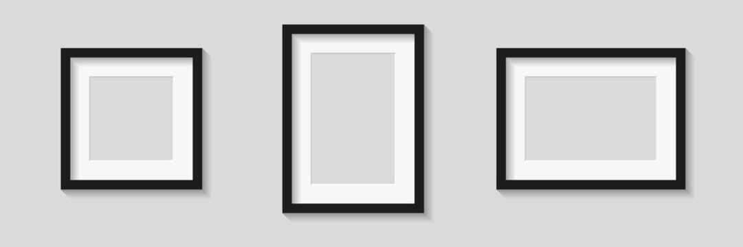 Black empty photo or picture frames with mats and shades isolated on gray background. Vector illustration. Wall decor. Rectangle and square vertical and horizontal photo frame