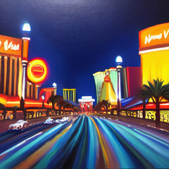 Night in Las Vegas, Nevada. Oil painting modern impressionism art. Bright vibrant colors of neon city at night. Casino, hotels, restaurants, road traffic lights. Wall art print, greeting template - 528668188