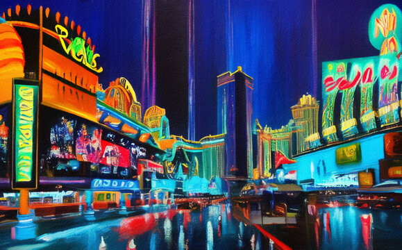 Night in Las Vegas, Nevada. Oil painting modern impressionism art. Bright vibrant colors of neon city at night. Casino, hotels, restaurants, road traffic lights. Wall art print, greeting template