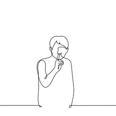 man with a finger to his mouth calls for silence - one line drawing vector. concept vow of silence, in the library, call for silence, ban on talking, censorship