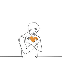 happy man cuddles a little ginger kitten - one line drawing vector. concept animal lover, cat owner, veterinarian, animal as a gift
