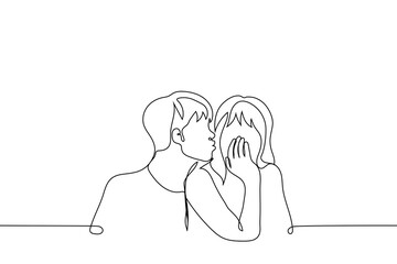 man pulls lips to kiss shy girl - one line drawing vector. concept flirting, falling in love, heterosexual couple, romantic relationship, newlyweds, date