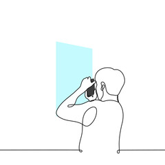man takes a photo from the window - one line drawing vector. concept paparazzi takes a photo, a private detective collects evidence, a spy takes pictures