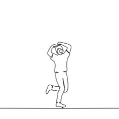 man shows the heart with his hands above his head raising his leg playfully - one line drawing vector. concept korean gesture of love, 