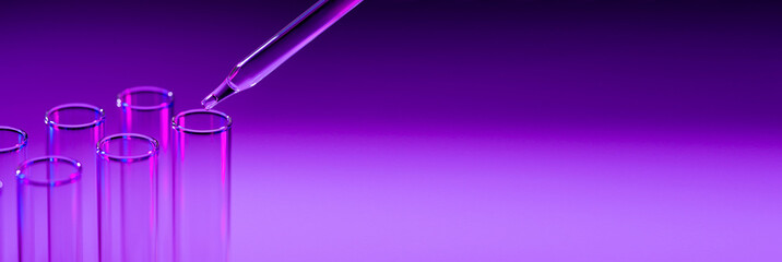 Pipette drop chemical in test tubes in the laboratory on purple background. Science research....