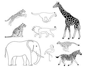 Vector set of flat outline african wild animals isolated on white background